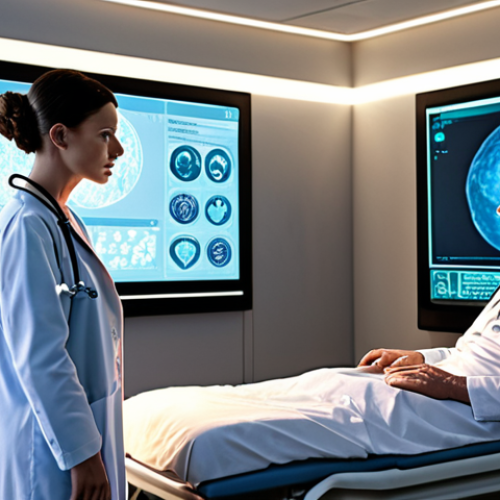 Home 11 AI Diagnosis - Hope and Concerns**
A futuristic hospital room. A doctor is consulting with a patient, using a holographic display showing AI analysis results. The atmosphere balances hope (bright, clean) and concern (subtle shadows, questioning expressions). Focus on the integration of advanced technology with human empathy. Keywords: AI diagnosis, doctor, patient, future, hospital, hope, concern, technology, empathy.
**