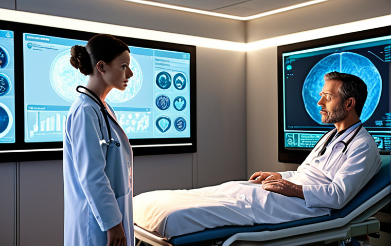 AI Diagnosis - Hope and Concerns**
A futuristic hospital room. A doctor is consulting with a patient, using a holographic display showing AI analysis results. The atmosphere balances hope (bright, clean) and concern (subtle shadows, questioning expressions). Focus on the integration of advanced technology with human empathy. Keywords: AI diagnosis, doctor, patient, future, hospital, hope, concern, technology, empathy.
**