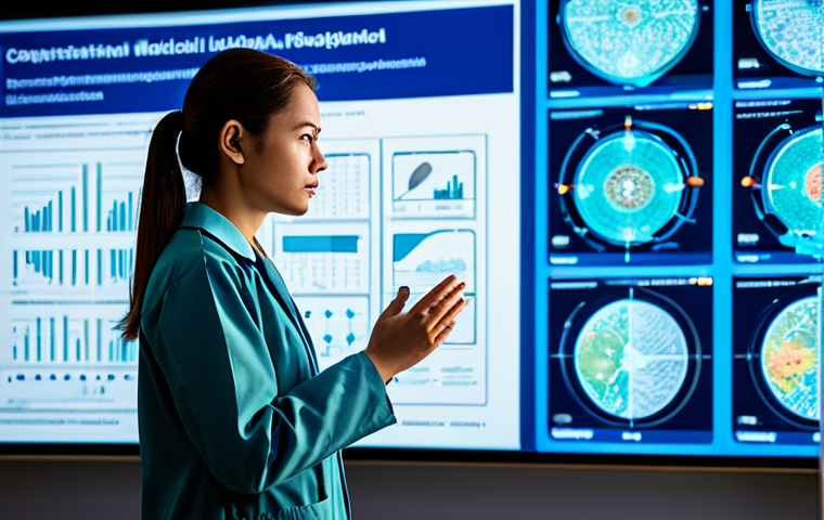 A focused professional medical AI ethics researcher, dressed in a modest lab coat over professional business attire, stands thoughtfully in a pristine, high-tech AI research laboratory. Large, transparent digital screens in the background display abstract, flowing data visualizations and intricate network diagrams, subtly conveying the complexity of ethical considerations and data integrity in AI diagnostics. The lab is illuminated with clean, modern lighting. This is a high-resolution, professional studio photograph with a serious and contemplative mood, safe for work, appropriate content, fully clothed, professional, perfect anatomy, correct proportions, natural pose, well-formed hands, proper finger count, natural body proportions, professional photography, high quality.