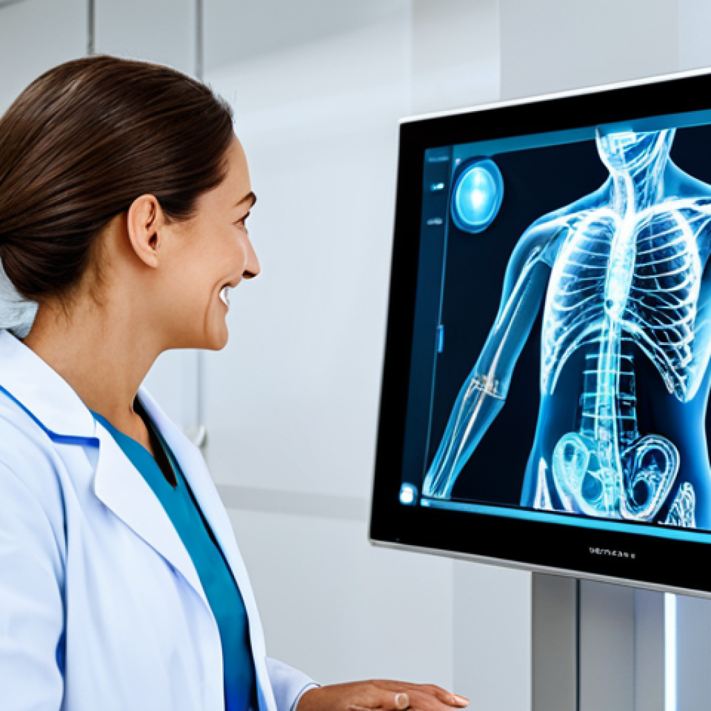 AI-Powered Health Monitoring** "A doctor examining a holographic display of a patient's vital signs, generated by an AI diagnostic system. The patient is fully clothed and smiling in the background. Modern hospital setting. Safe for work, appropriate content, fully clothed, professional, perfect anatomy, correct proportions, natural pose, high quality." **