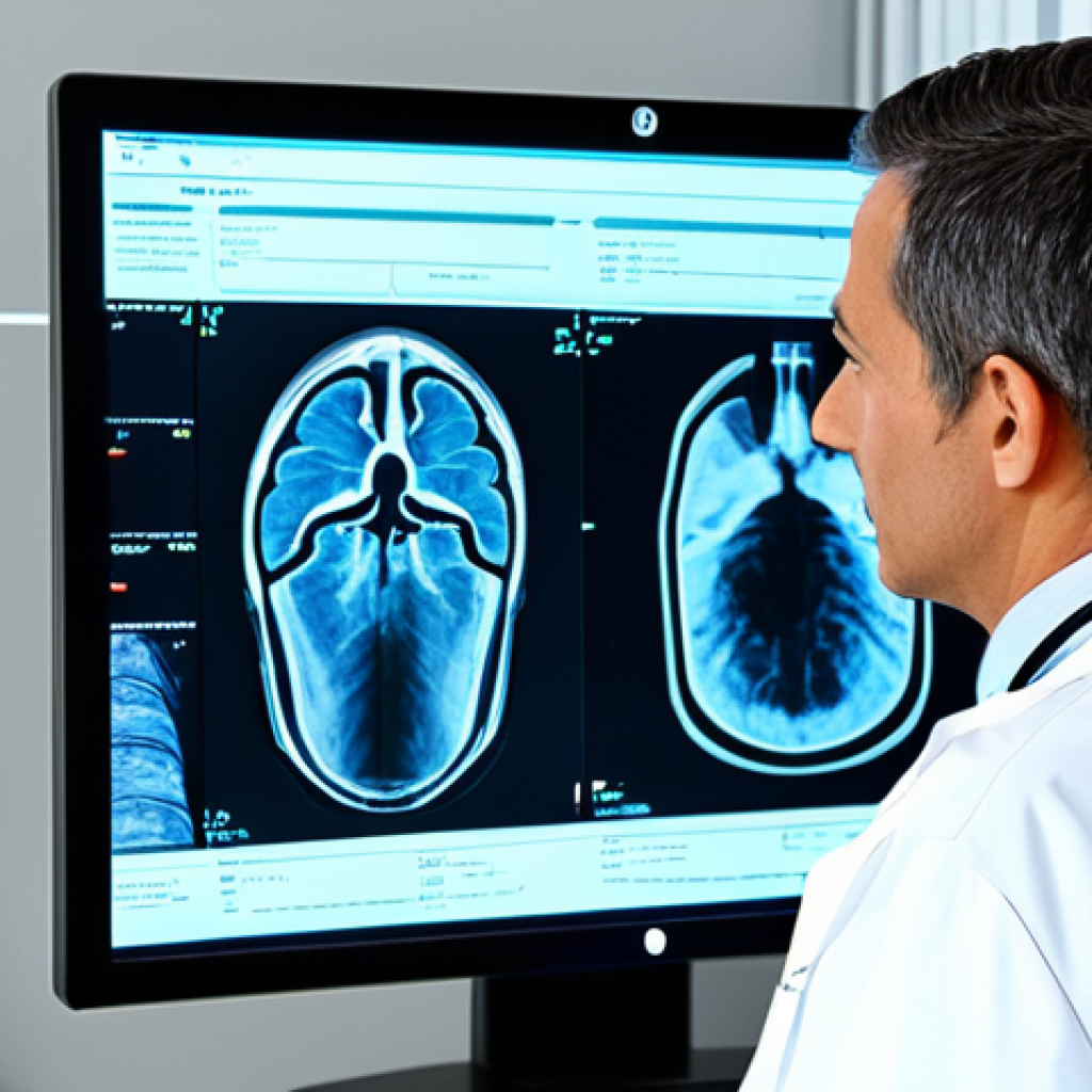 AI 진단 시스템의 차세대 의료 혁신 - AI Analyzing Medical Images** "A fully clothed, professional doctor is reviewing a digital X-ray di...