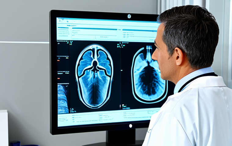 AI 진단 시스템의 차세대 의료 혁신 - AI Analyzing Medical Images** "A fully clothed, professional doctor is reviewing a digital X-ray di...