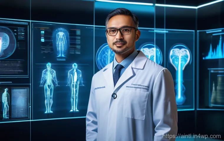 AI 진단 시스템의 효과적인 데이터 시각화 - A futuristic medical doctor, wearing a clean lab coat, stands in front of a large, transparent holog...