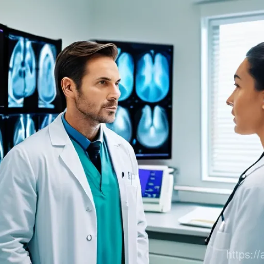 AI 진단 시스템과 혁신적인 진단 기법 - **Prompt:** A diverse group of male and female medical doctors, dressed in crisp white lab coats and...