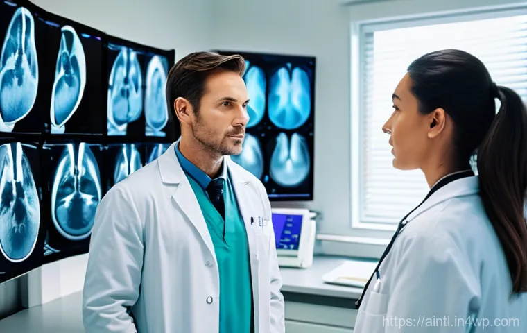 AI 진단 시스템과 혁신적인 진단 기법 - **Prompt:** A diverse group of male and female medical doctors, dressed in crisp white lab coats and...