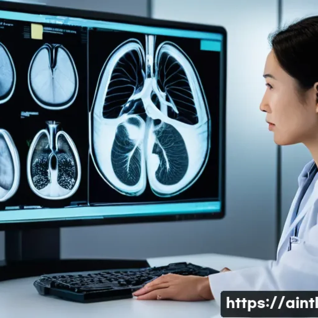 AI 진단 시스템을 통한 질병 조기 발견 - **Prompt:** A focused, professional radiologist, a woman in her late 30s of East Asian descent, wear...