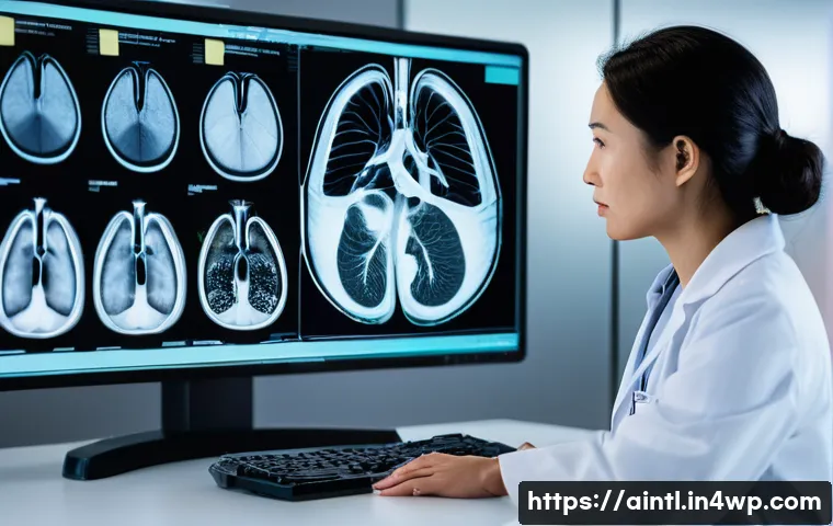 AI 진단 시스템을 통한 질병 조기 발견 - **Prompt:** A focused, professional radiologist, a woman in her late 30s of East Asian descent, wear...