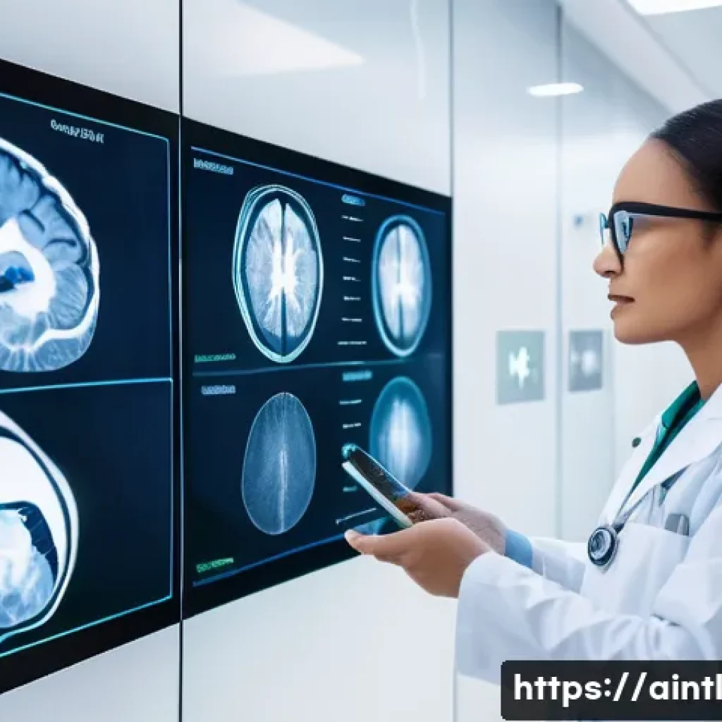 AI 진단 시스템의 협업 플랫폼 활용 방안 - A futuristic medical collaboration platform interface displayed on multiple transparent screens in a...