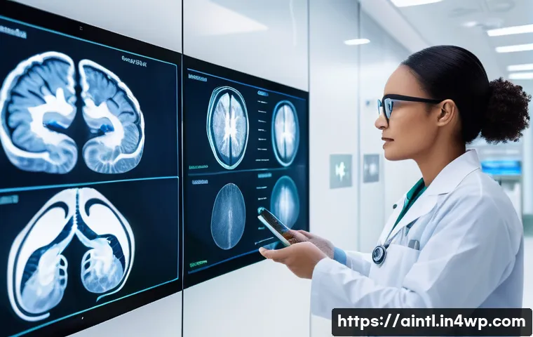 AI 진단 시스템의 협업 플랫폼 활용 방안 - A futuristic medical collaboration platform interface displayed on multiple transparent screens in a...