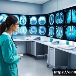 AI 진단 시스템의 차세대 알고리즘 개발 - A futuristic hospital scene showcasing an AI-powered medical diagnostic system in action: a diverse ...