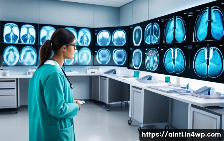 AI 진단 시스템의 차세대 알고리즘 개발 - A futuristic hospital scene showcasing an AI-powered medical diagnostic system in action: a diverse ...