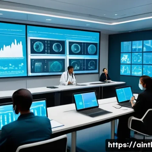 AI 진단 시스템의 효과적인 홍보 전략 - A modern hospital conference room filled with diverse medical professionals attentively participatin...