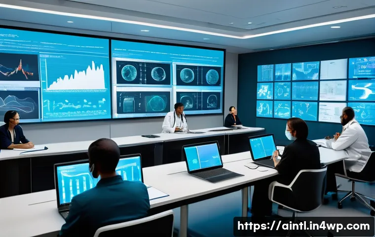 AI 진단 시스템의 효과적인 홍보 전략 - A modern hospital conference room filled with diverse medical professionals attentively participatin...