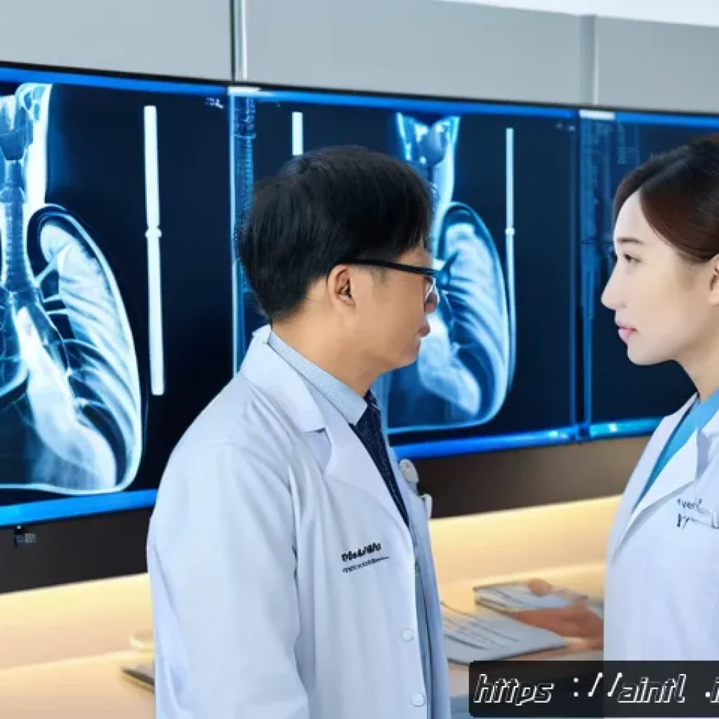 AI 진단 시스템과 개인 맞춤형 의료 - A modern hospital radiology room featuring a large high-resolution screen displaying AI-annotated ch...