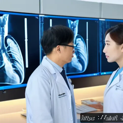 AI 진단 시스템과 개인 맞춤형 의료 - A modern hospital radiology room featuring a large high-resolution screen displaying AI-annotated ch...