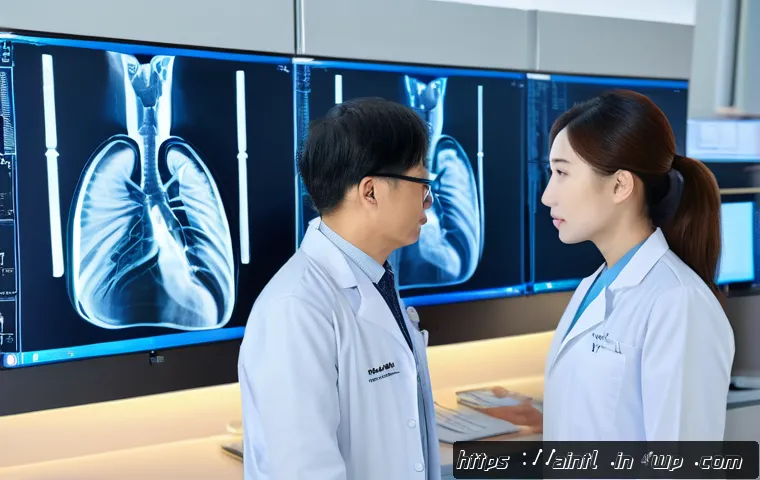 AI 진단 시스템과 개인 맞춤형 의료 - A modern hospital radiology room featuring a large high-resolution screen displaying AI-annotated ch...