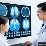 AI 진단 시스템의 데이터 품질 관리 - A futuristic AI-powered medical diagnostic system in a high-tech hospital environment, showing holog...