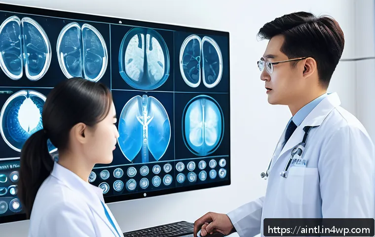 AI 진단 시스템의 데이터 품질 관리 - A futuristic AI-powered medical diagnostic system in a high-tech hospital environment, showing holog...