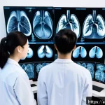 AI 진단 시스템의 혁신적 알고리즘 개발 - A high-tech hospital radiology room featuring a large digital screen displaying deep learning-based ...