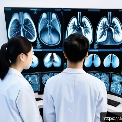 AI 진단 시스템의 혁신적 알고리즘 개발 - A high-tech hospital radiology room featuring a large digital screen displaying deep learning-based ...