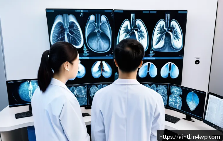 AI 진단 시스템의 혁신적 알고리즘 개발 - A high-tech hospital radiology room featuring a large digital screen displaying deep learning-based ...