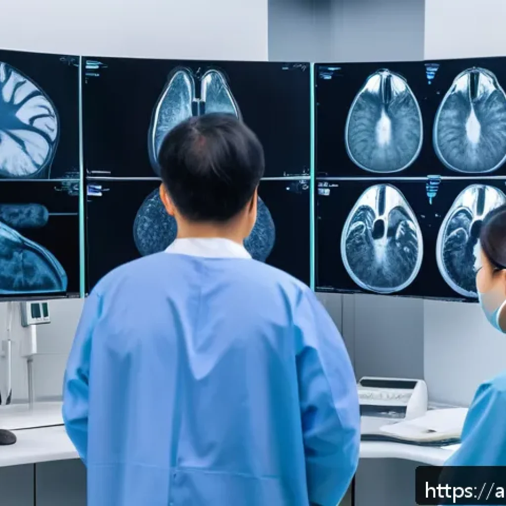 AI 진단 시스템의 의료 접근성 개선 - A modern hospital diagnostic room with a diverse team of medical professionals using AI-powered endo...