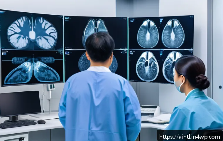 AI 진단 시스템의 의료 접근성 개선 - A modern hospital diagnostic room with a diverse team of medical professionals using AI-powered endo...