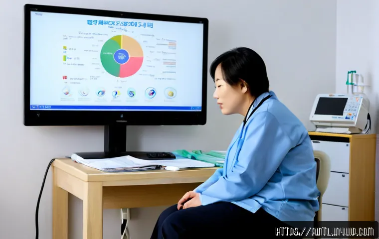 Home 17 AI 진단 시스템의 심리적 영향 분석 - Photorealistic healthcare consultation scene, a thoughtful middle-aged patient seated beside a desk ...