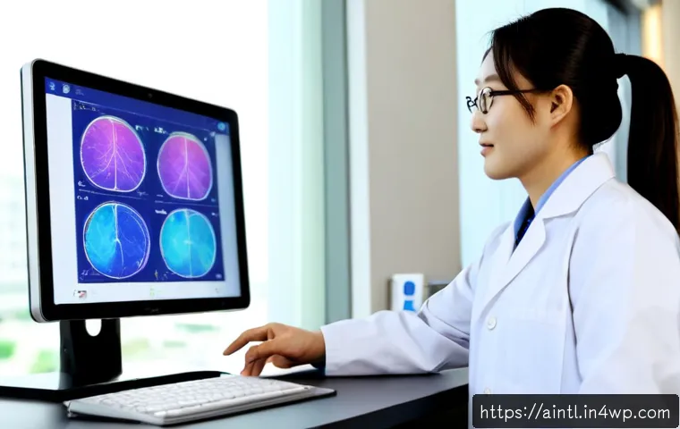AI 진단 시스템의 예측 정확도 향상 전략 - Photorealistic hospital innovation lab, diverse clinical data scientist and radiologist reviewing a ...